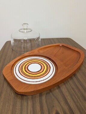 Vintage 70s Teak Wooden Cheese Board With Glass Dome & Tile Inlay Charcuterie